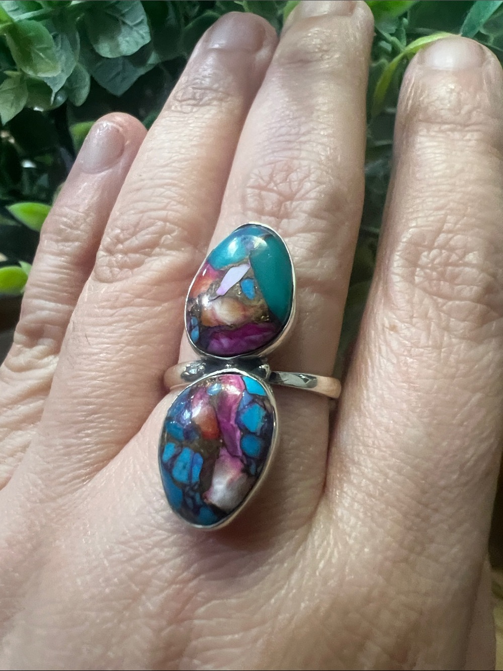 Genuine Pink Oyster Turquoise Double Sterling Ring Size 8